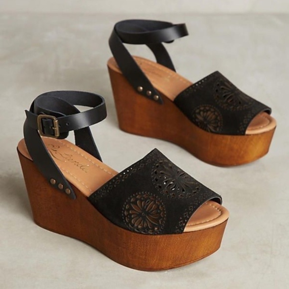 Anthropologie Liendo Seychelles Granada Platform Wedge Sandals 7 1/2 Black EUC